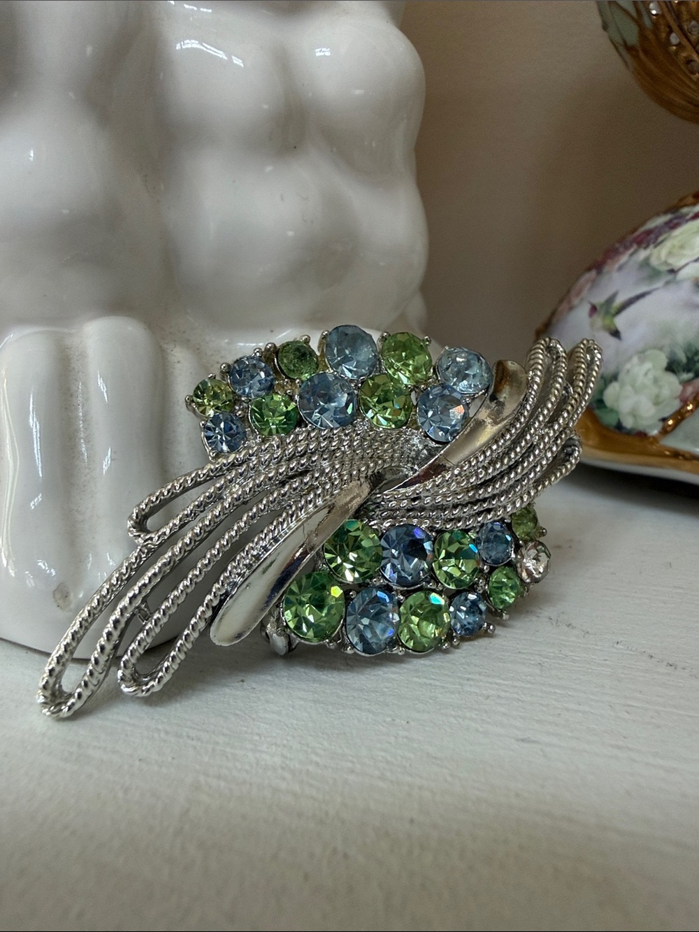 Coro Silver-Tone Brooch with Blue and Green Rhinestones